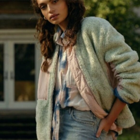 We the Free Free People Rivington Sherpa green color block jacket medium - Picture 1 of 4